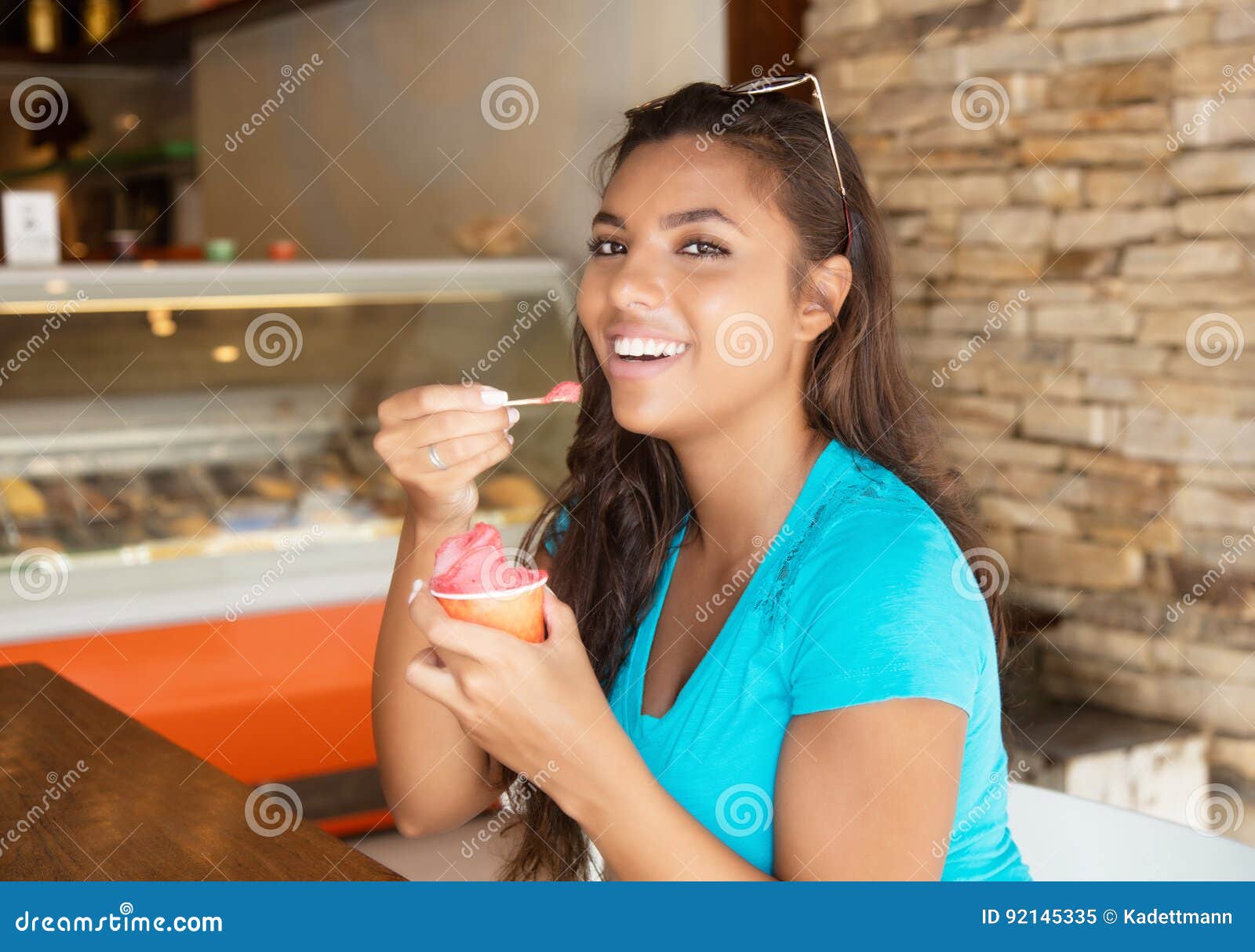 Latin American Woman Enjoys Ice Cream Stock Image Image Of Beauty Italian 92145335