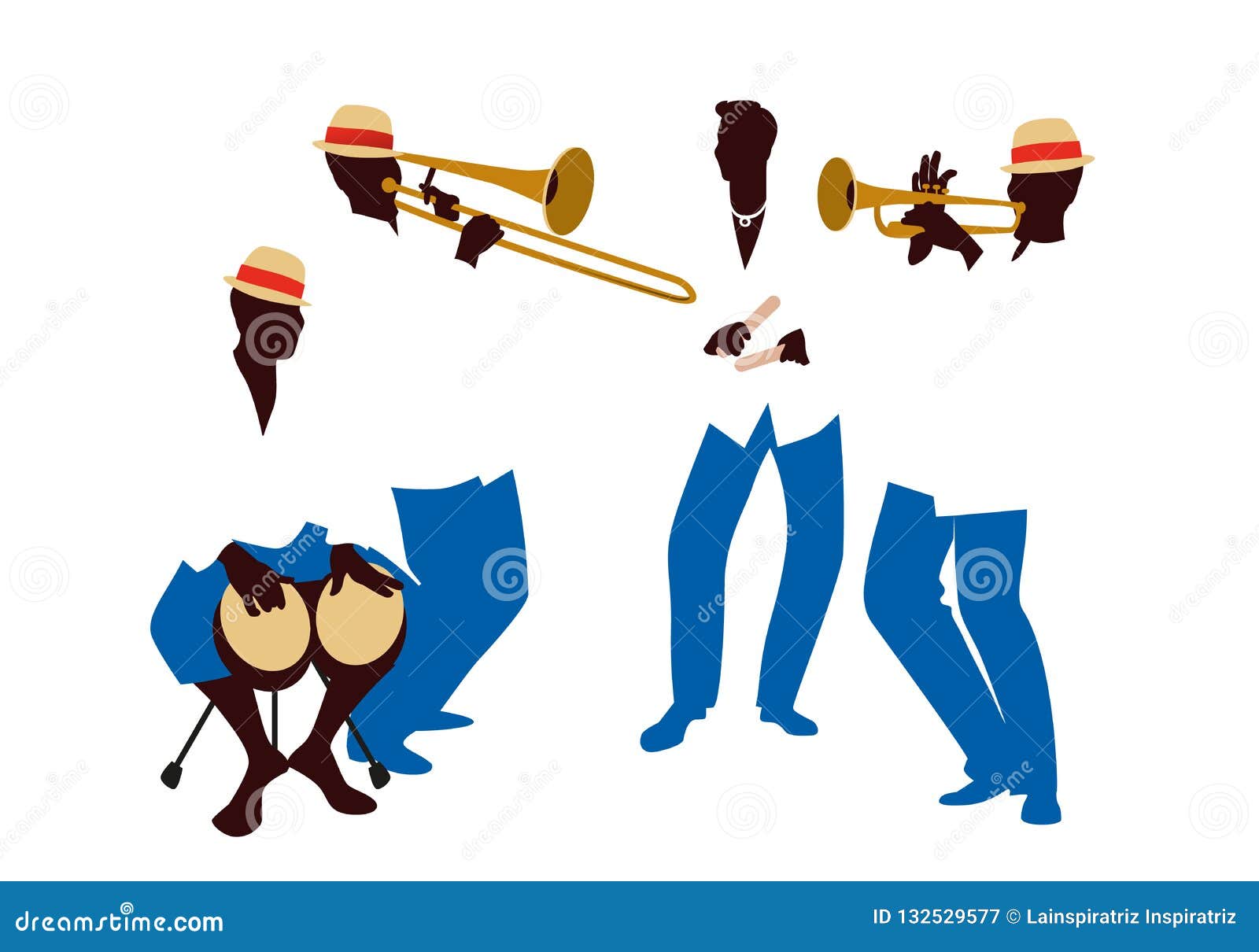 latin band four latin musicians playing bongos, trumpet, claves and trombone