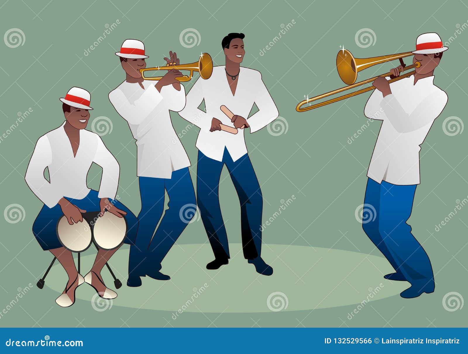 latin band. four latin musicians playing bongos, trumpet, claves and trombone