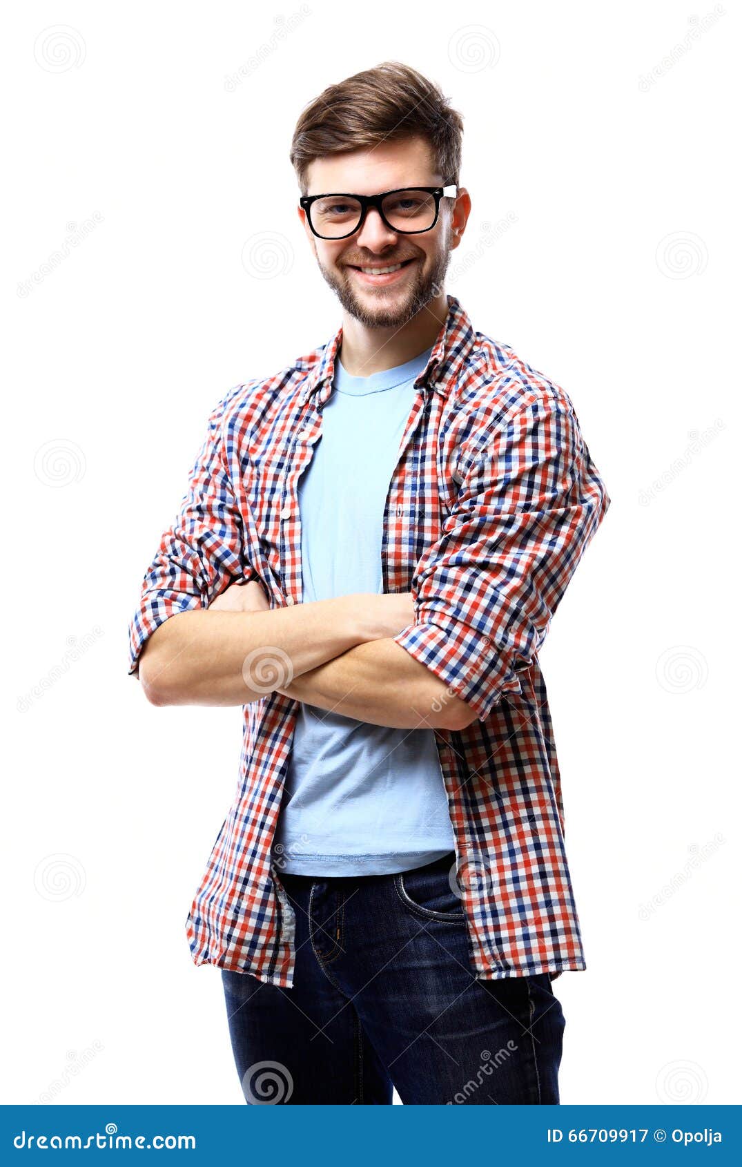 latin hipster guy wearing glasses with his arms crossed and smiling on white background