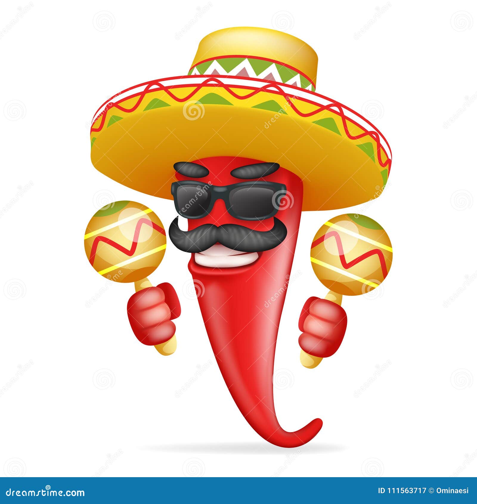 latin maraca mexican hat red cool hot chili pepper sunglasses mustache happy character realistic 3d cartoon 