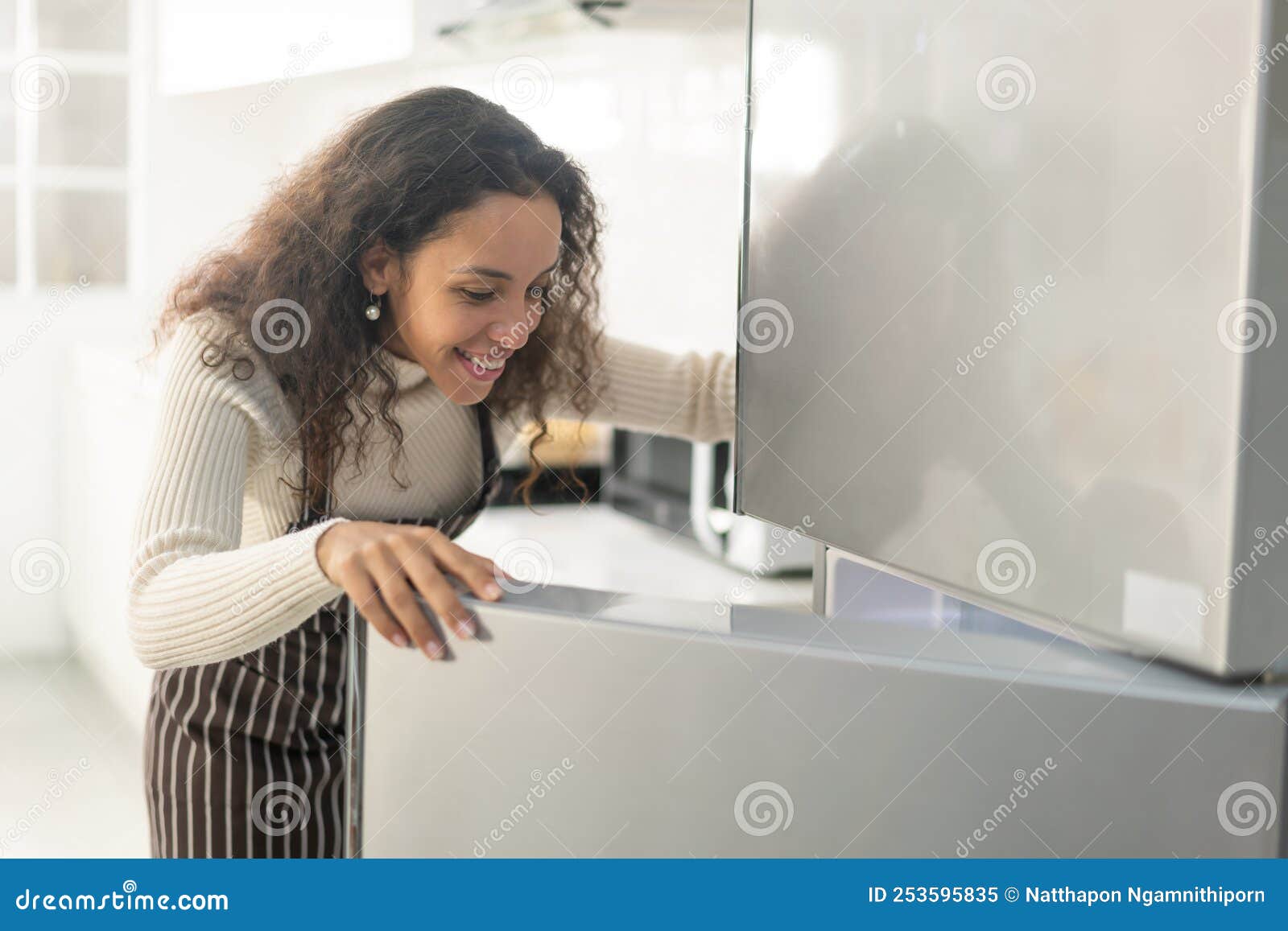 Latin Woman Open Fridge or Refrigerator Stock Image Image of domestic
