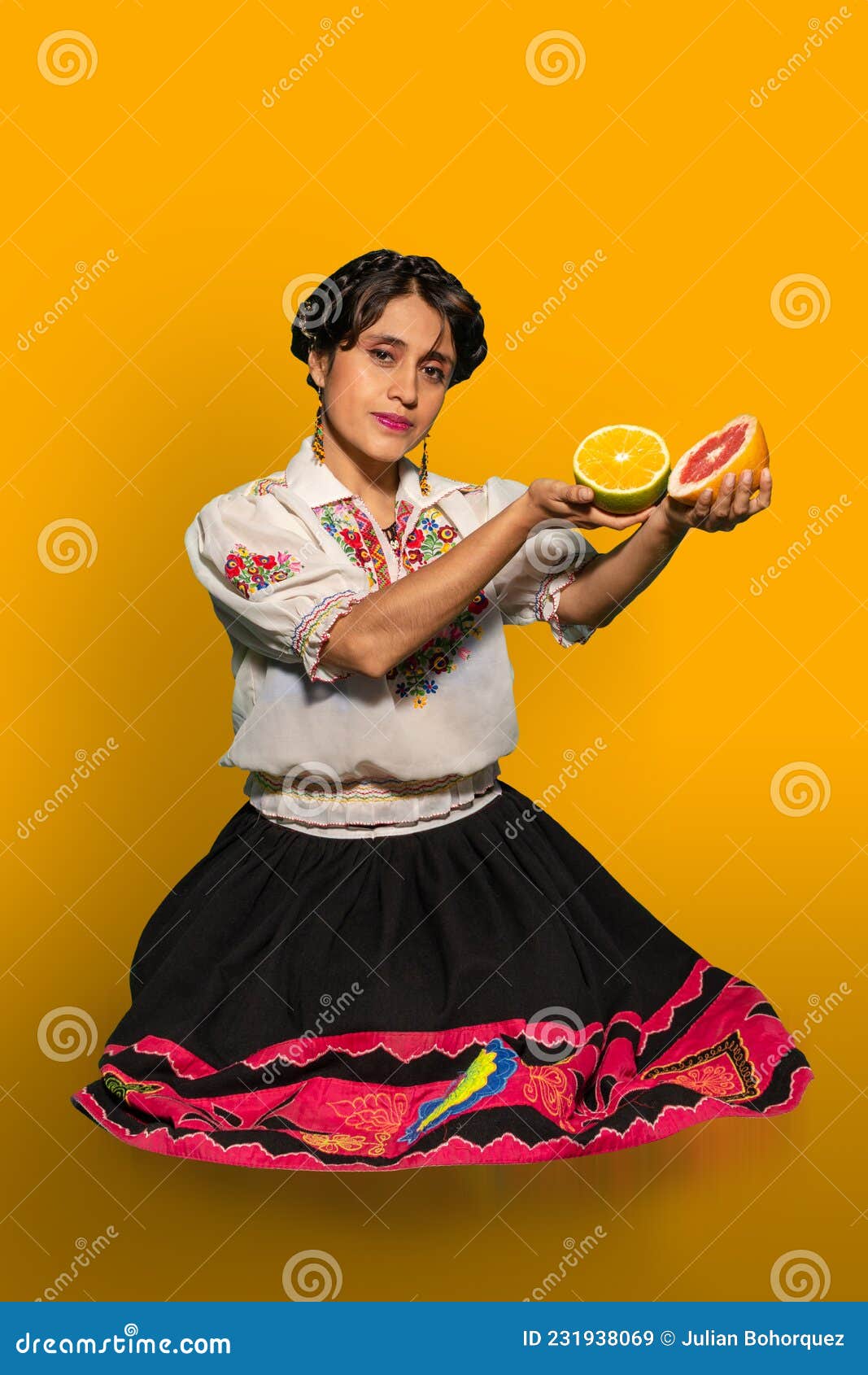Latin Young Woman Sitting on the Floor in Traditional Dress Stock Image -  Image of fruit, people: 231938069