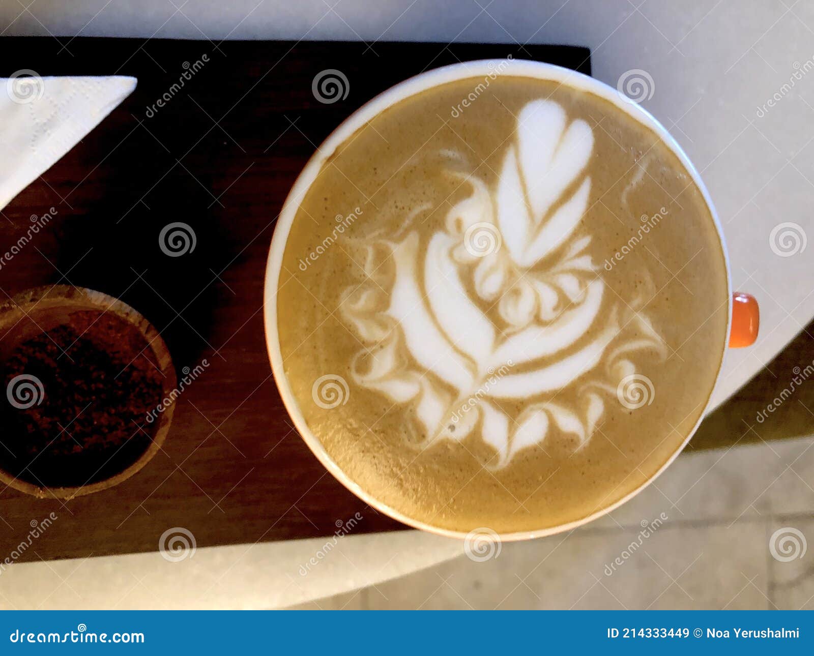 latte art. top view. coffee with brown