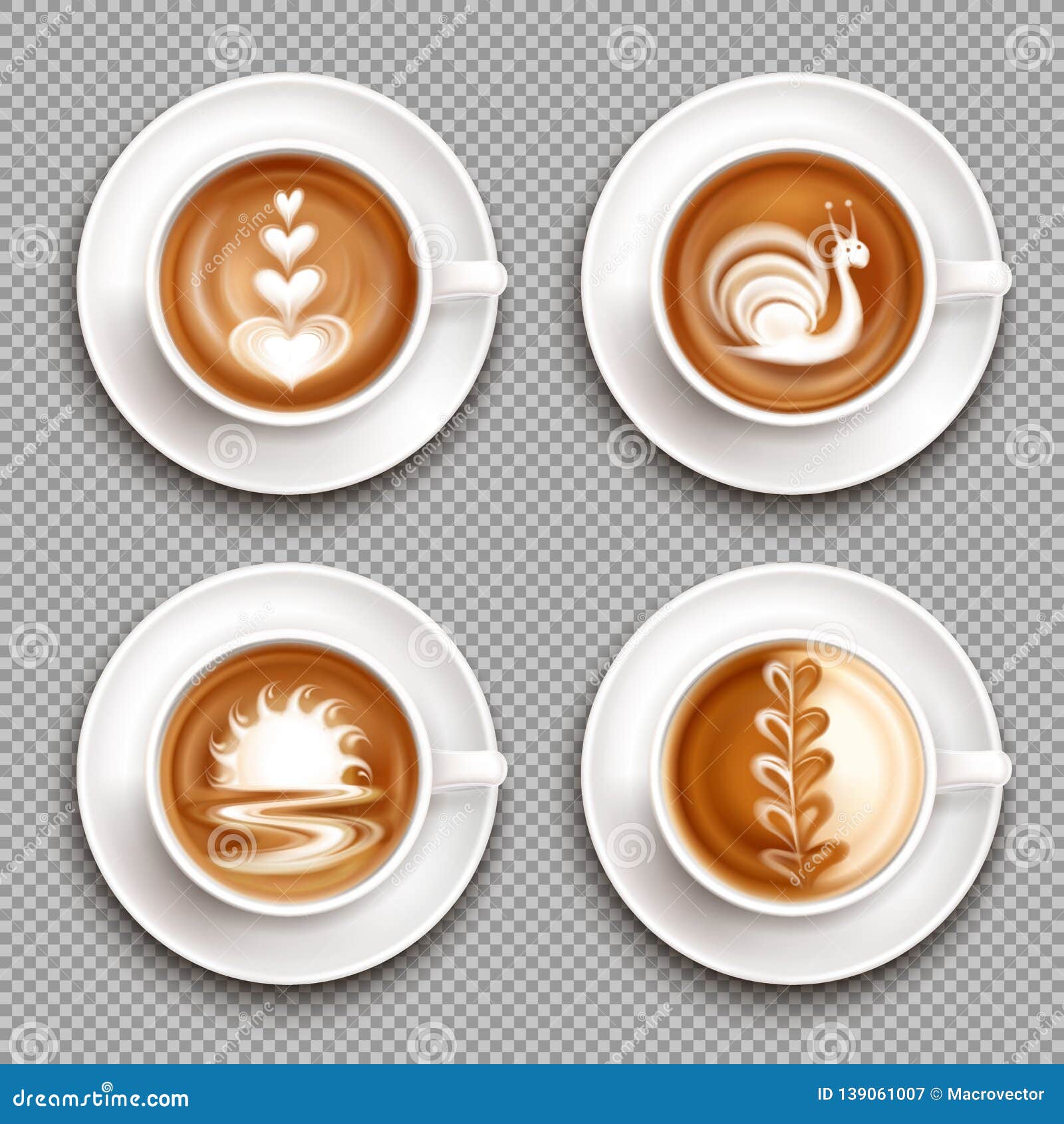 Latte Art. Top View Coffee Foam Drawing Vector Illustration Collection