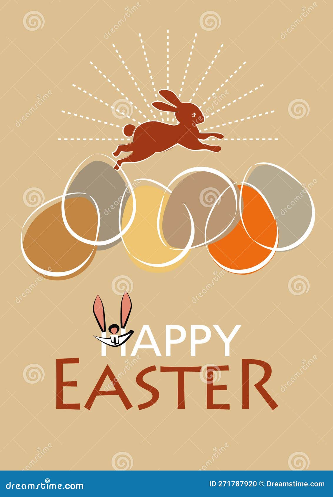 latte coloured happy easter card with coloured eggs and a red-brown rabbit