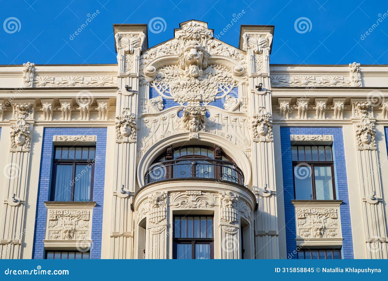 latvian tourist landmark attraction - art nouveau architecture, building fasade of riga city, latvia