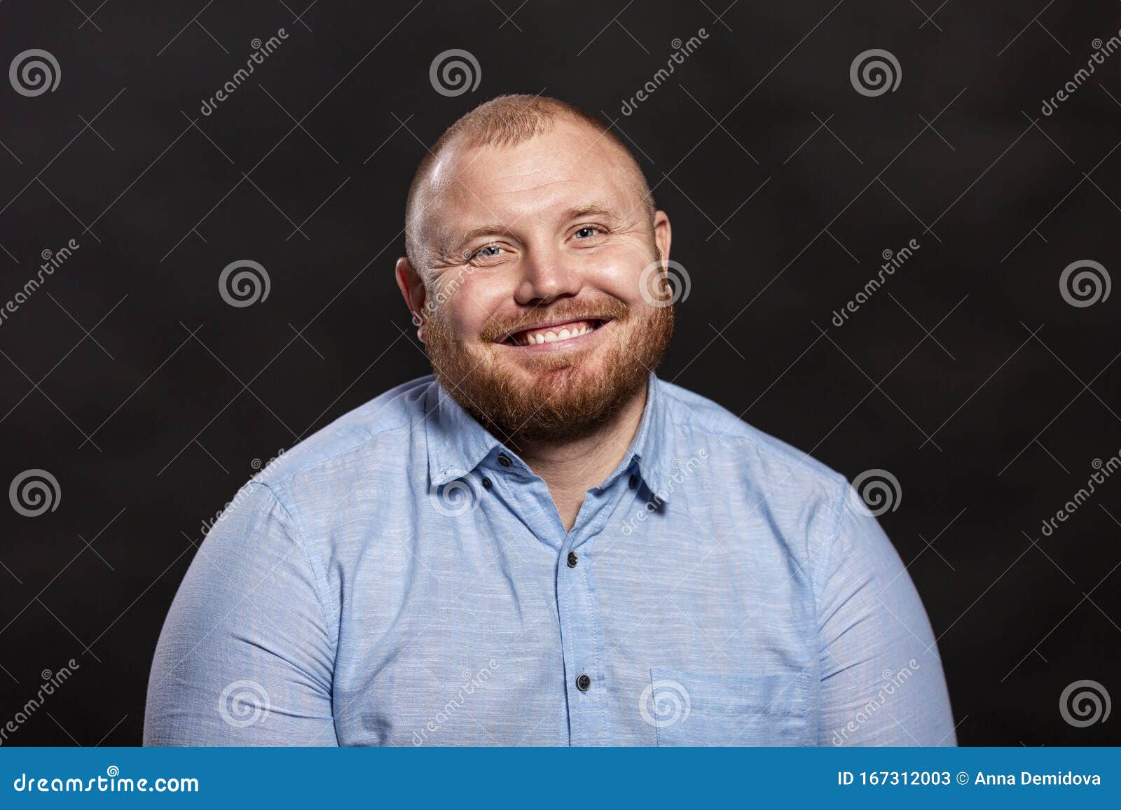 Laughing Fat Redhead Man With A Beard In A Blue Shirt Close Up Stock Image Image Of Closeup