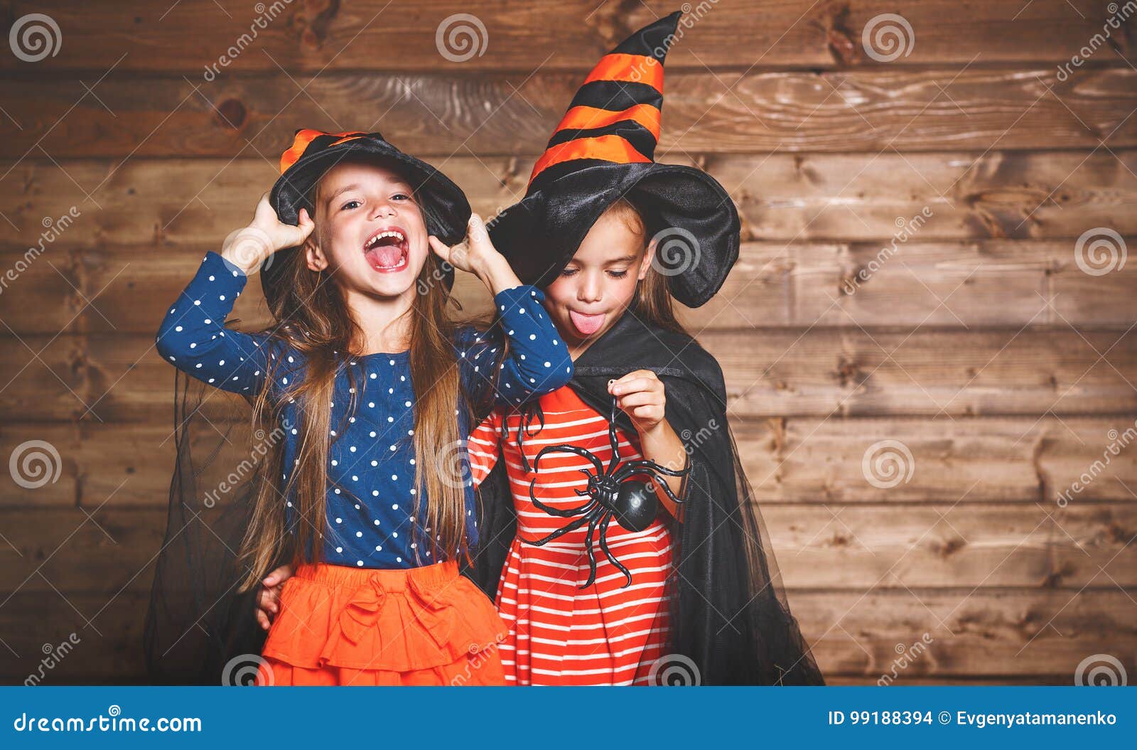 Funny Children Sister Twins Girl in Witch Costume in Halloween Stock ...