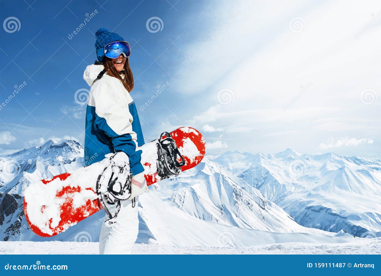 Laughing Girl Outfit a Snowboarder on a Background of Peaks Alpine ...
