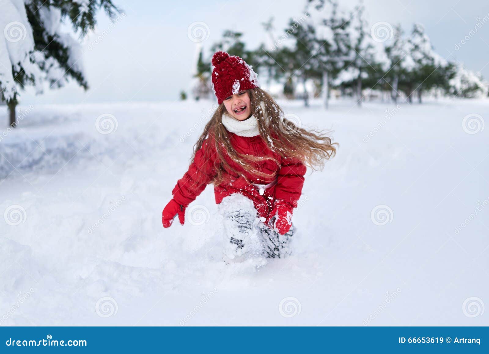 Laughing Girl Running in Snowcovered Park Stock Image Image of