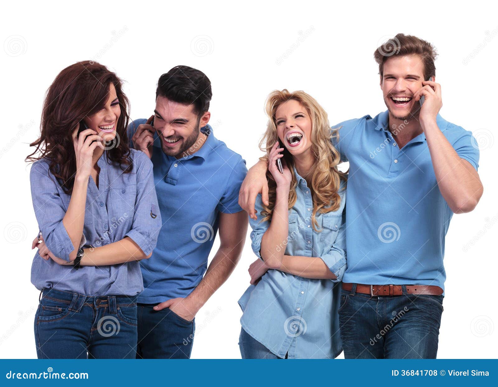 Laughing Group of Casual People Speaking on Phone Stock Photo ...