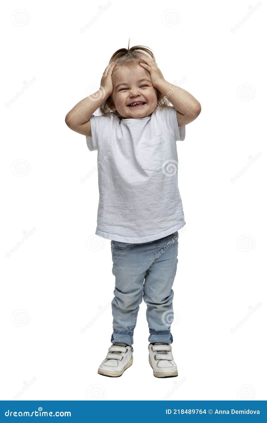 Laughing Little Girl 2-3 Years Old in Jeans Stands and Holds Her Head ...