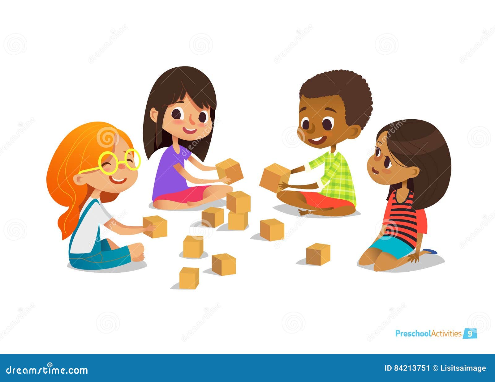 laughing and smiling kids sit on floor in circle, play with toy cubes talk.