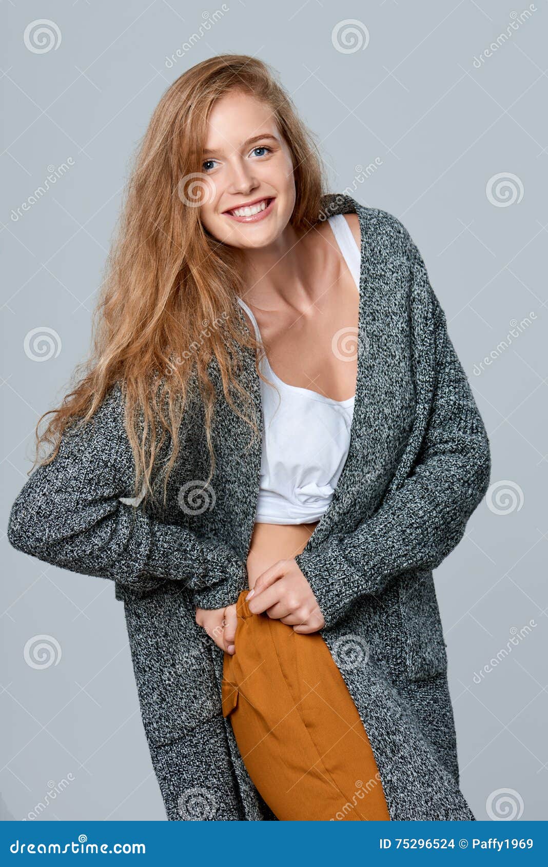 Laughing Woman in Warm Knitted Cardigan Stock Photo - Image of people ...