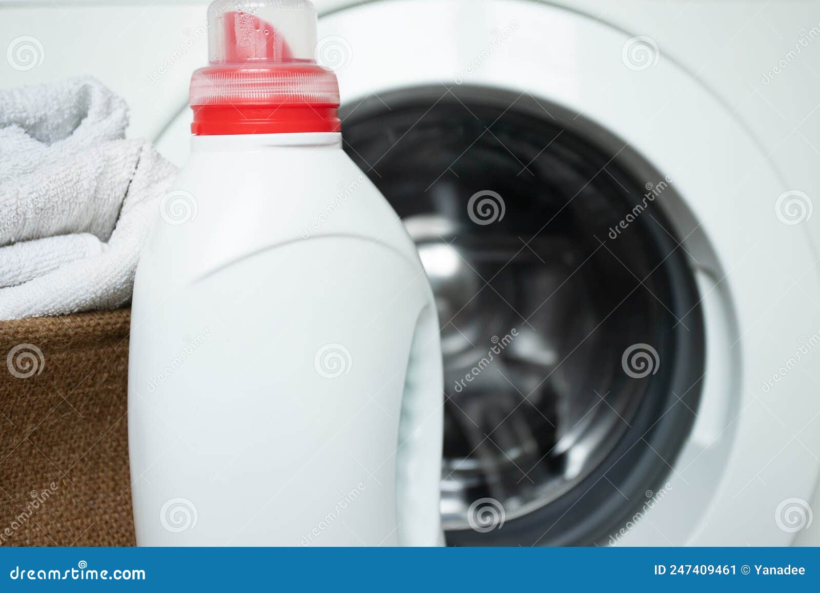 Laundromat, Washing Machine, Basket with Clothes, Laundry Detergent in