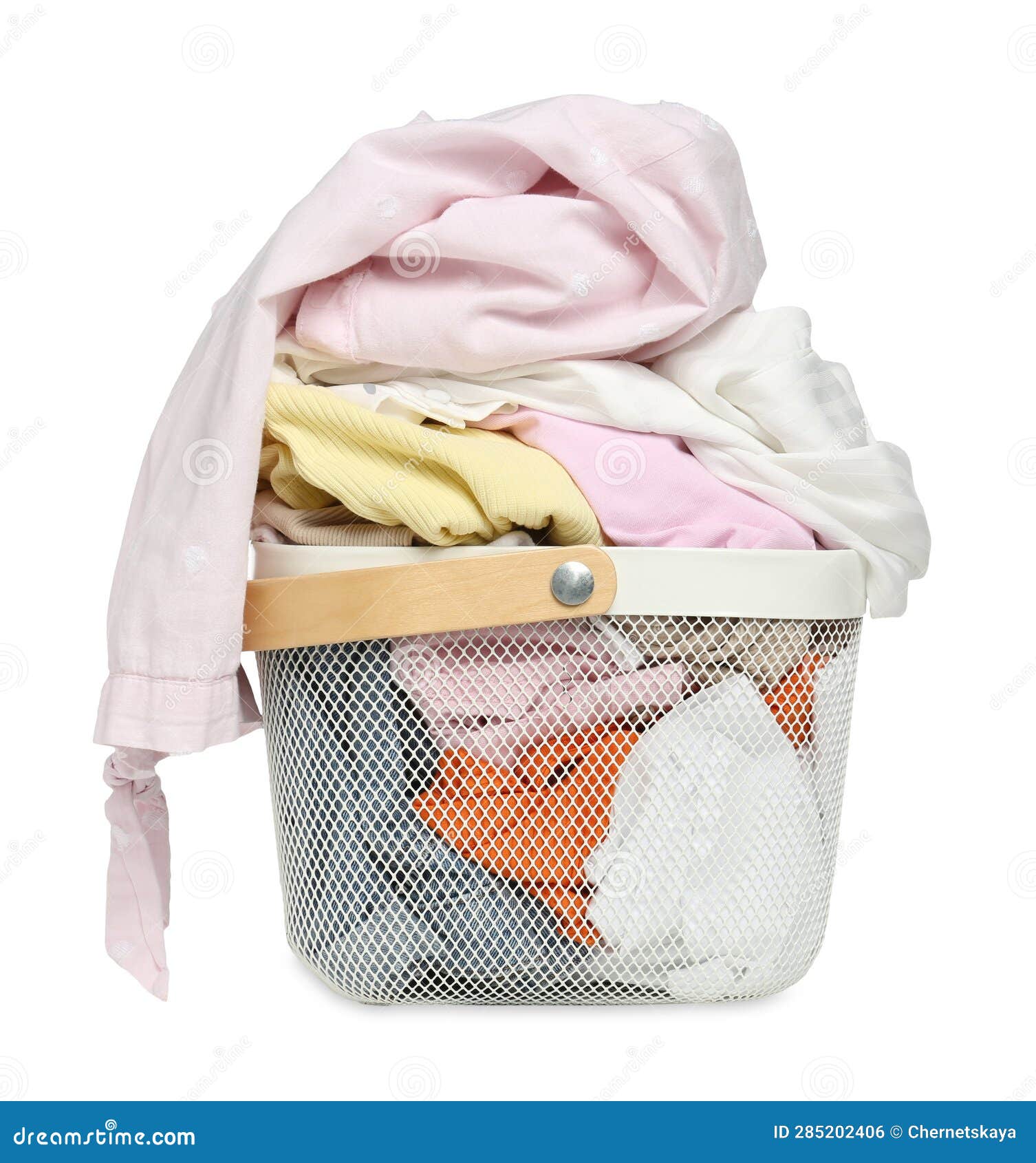 Laundry Basket with Clean Colorful Clothes Isolated on White Stock