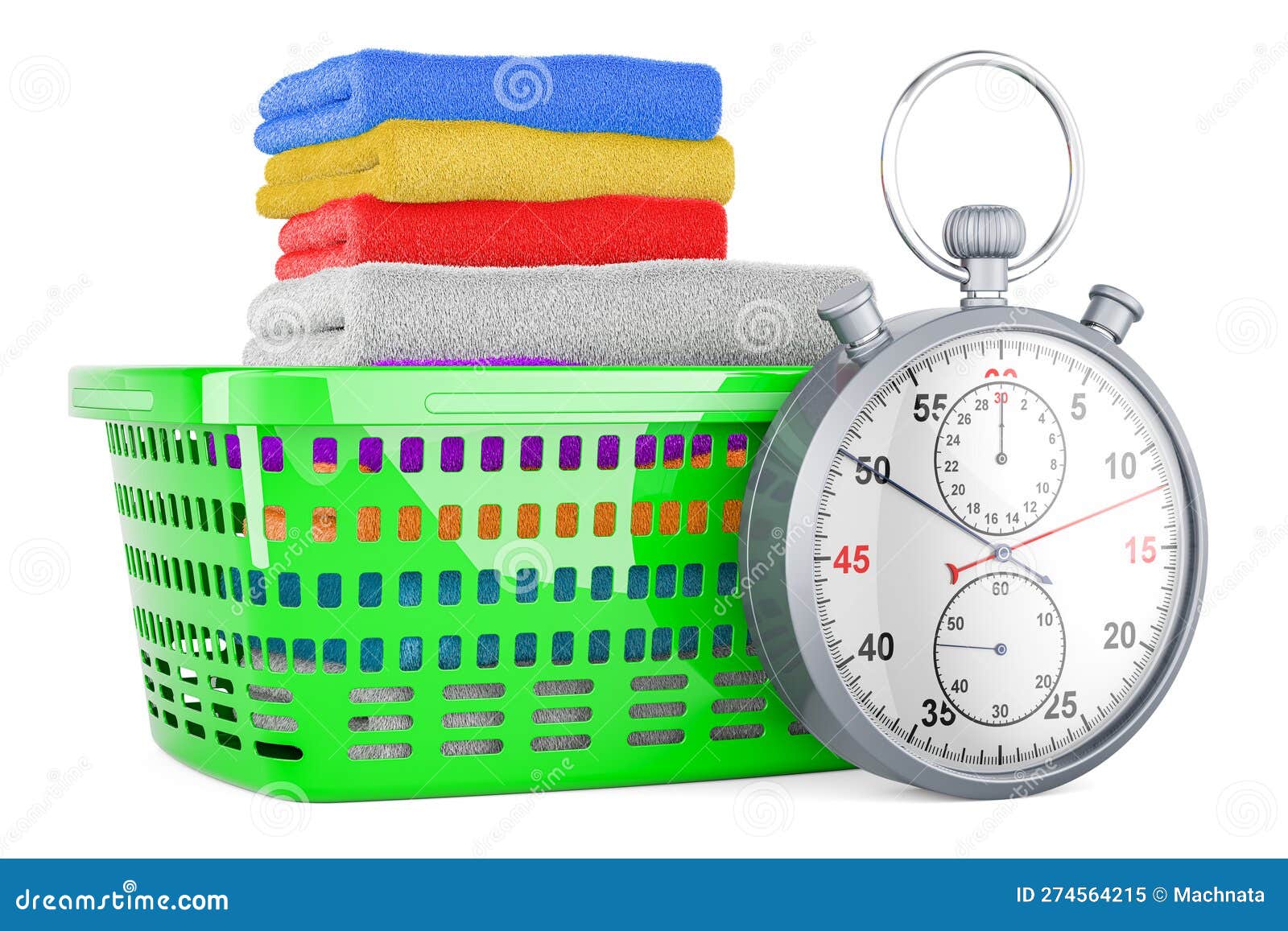 Laundry Basket Full of Clean Clothes with Stopwatch, 3D Rendering Stock