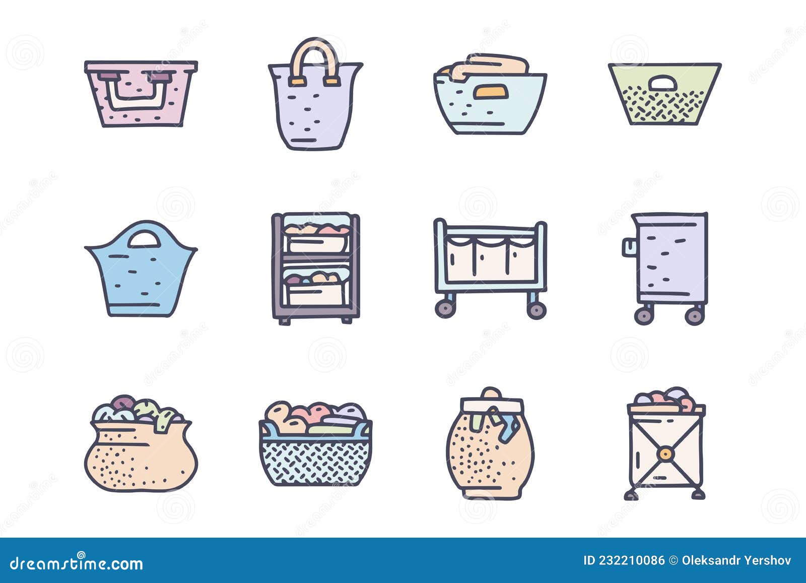 Laundry Baskets Color Vector Doodle Simple Icon Set Stock Vector