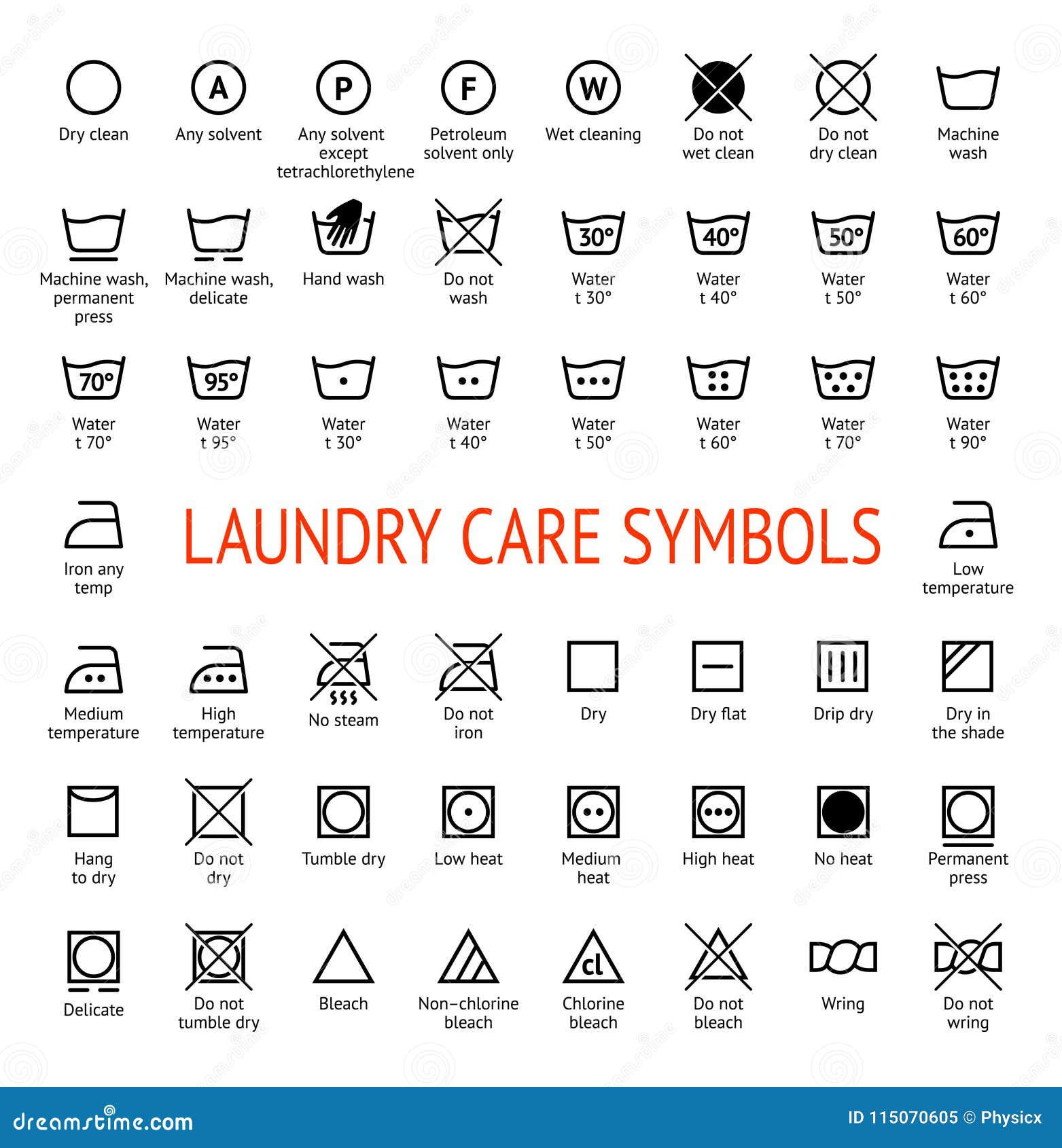 Laundry Care Symbols. Cleaning Icons Set Stock Vector - Illustration of ...