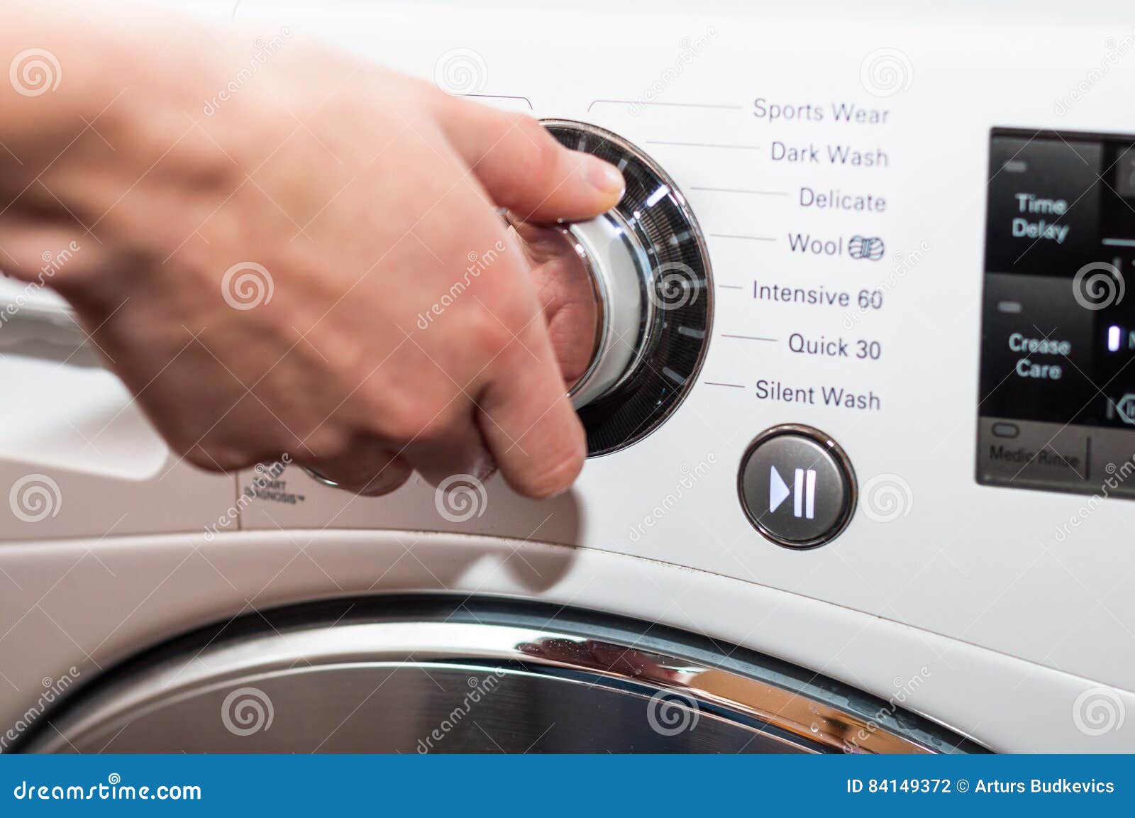 Laundry Day Setting Up Washing Machine Program Stock Photo Image of