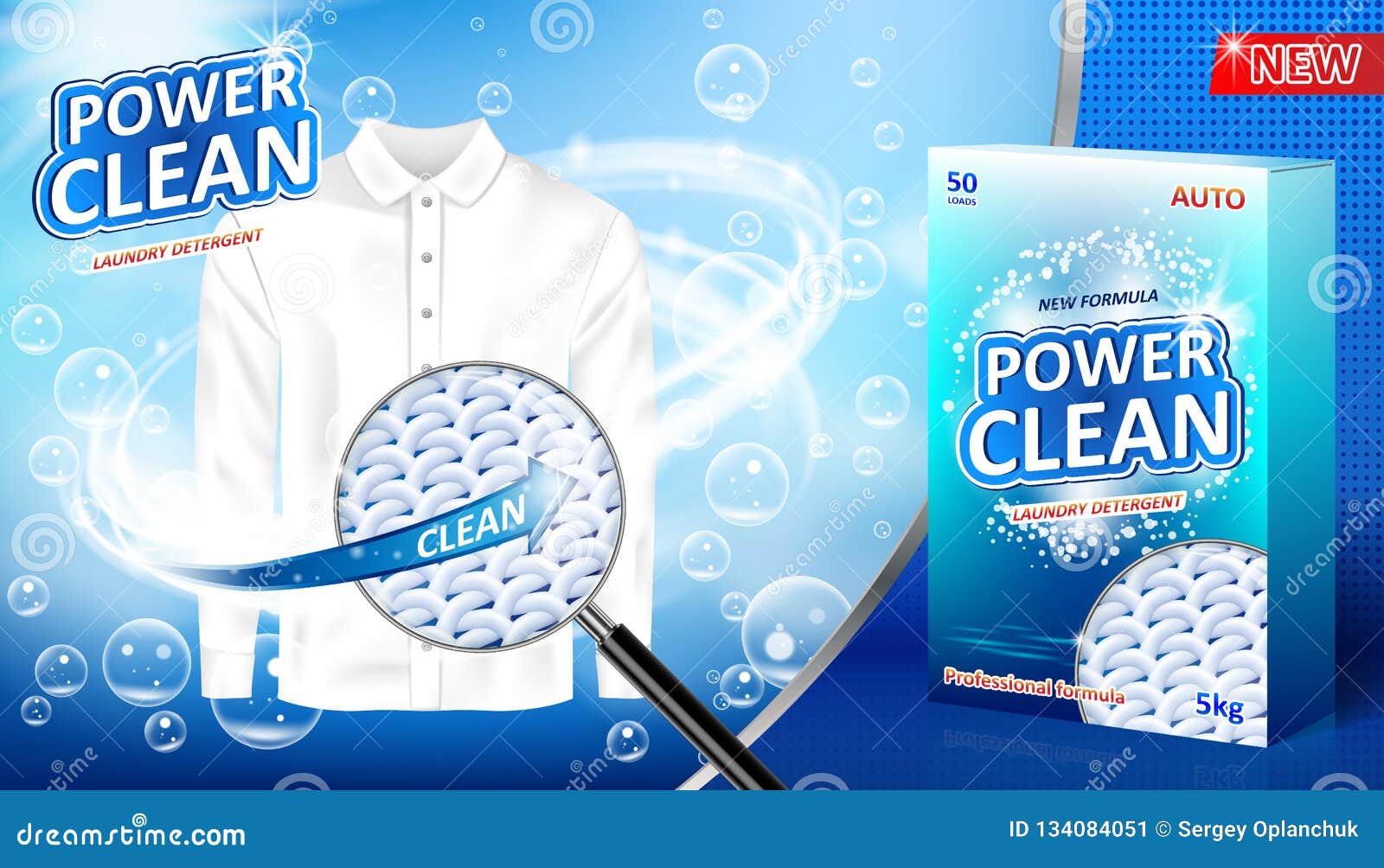 laundry detergent ad. stain remover package  for advertising with soap bubbles, closeup look at fiber structure