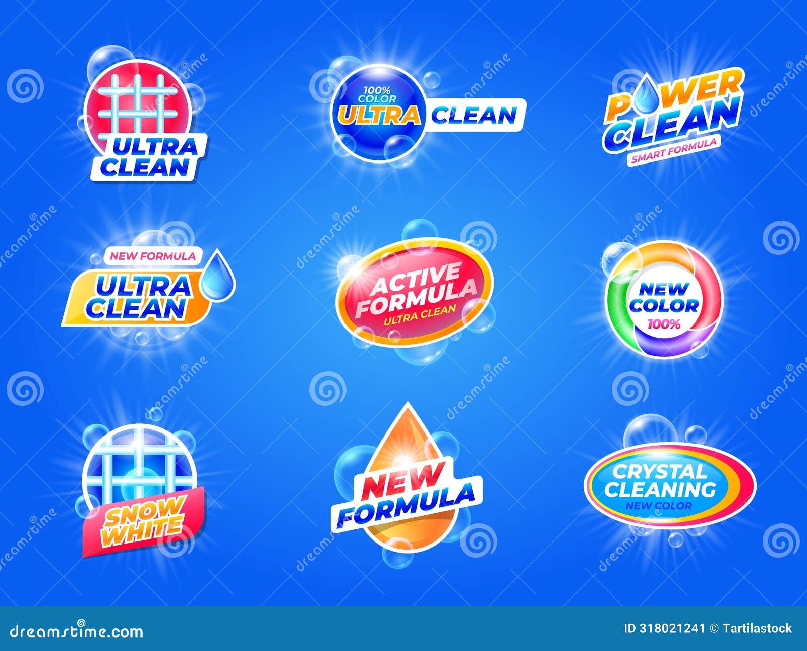 laundry detergent label. washing powder emblem package with bubbles, soap and stain remover, laundry care product with