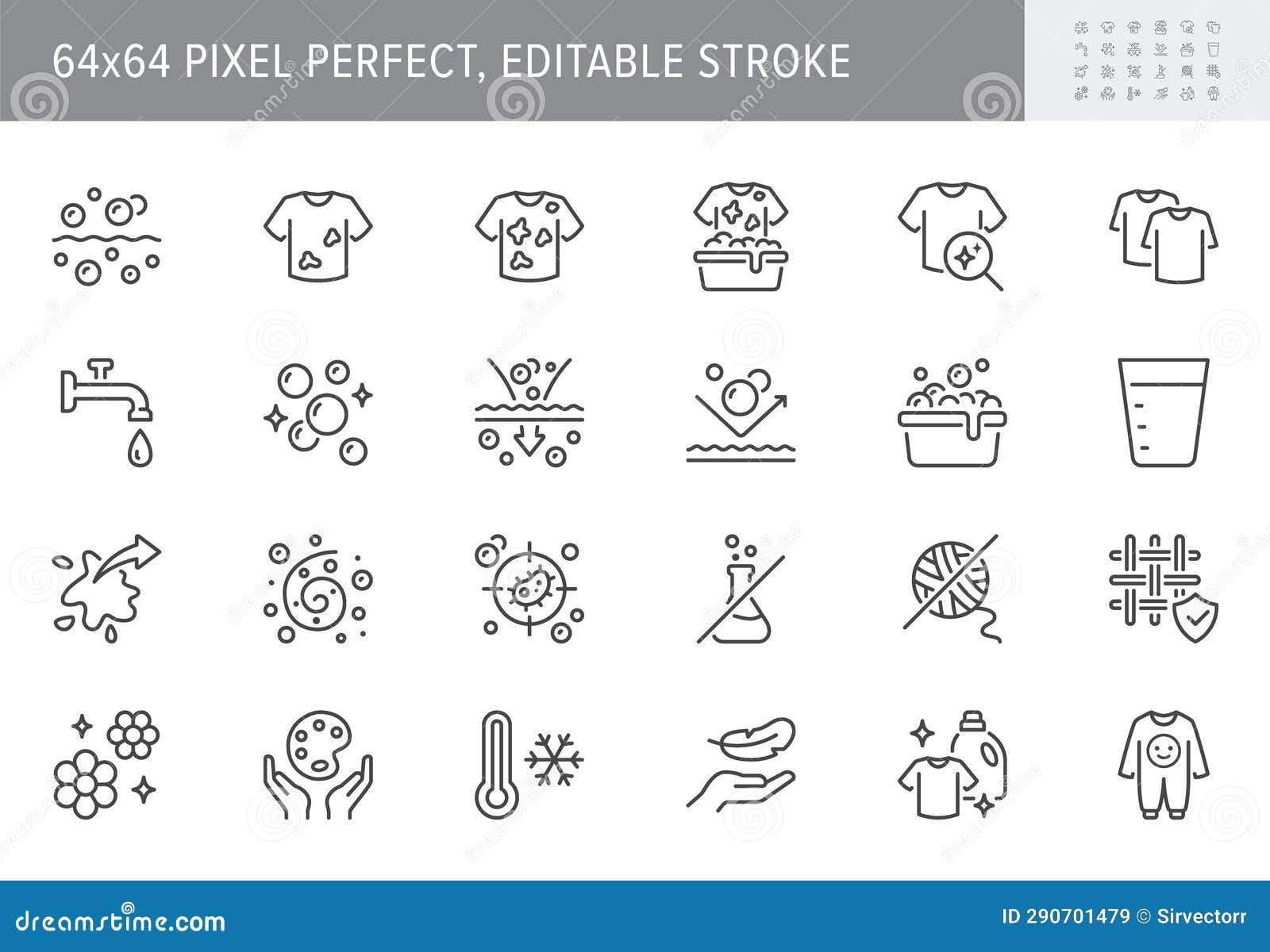 laundry detergent line icons.   include icon - softener, bubble, wool protection, antibacterial