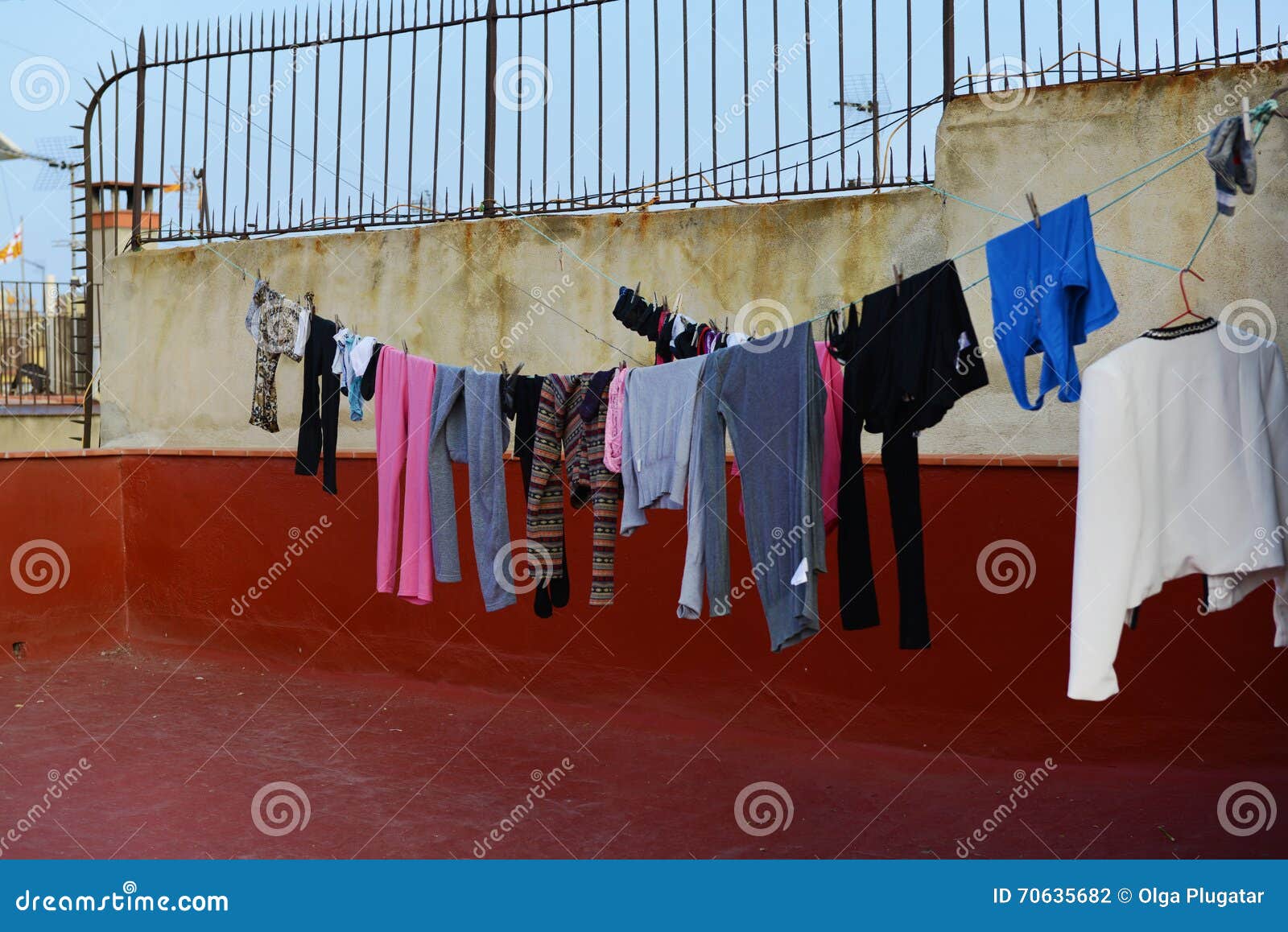 Laundry Drying on a Wire on Old Spanish Terrace in Barcelona Stock
