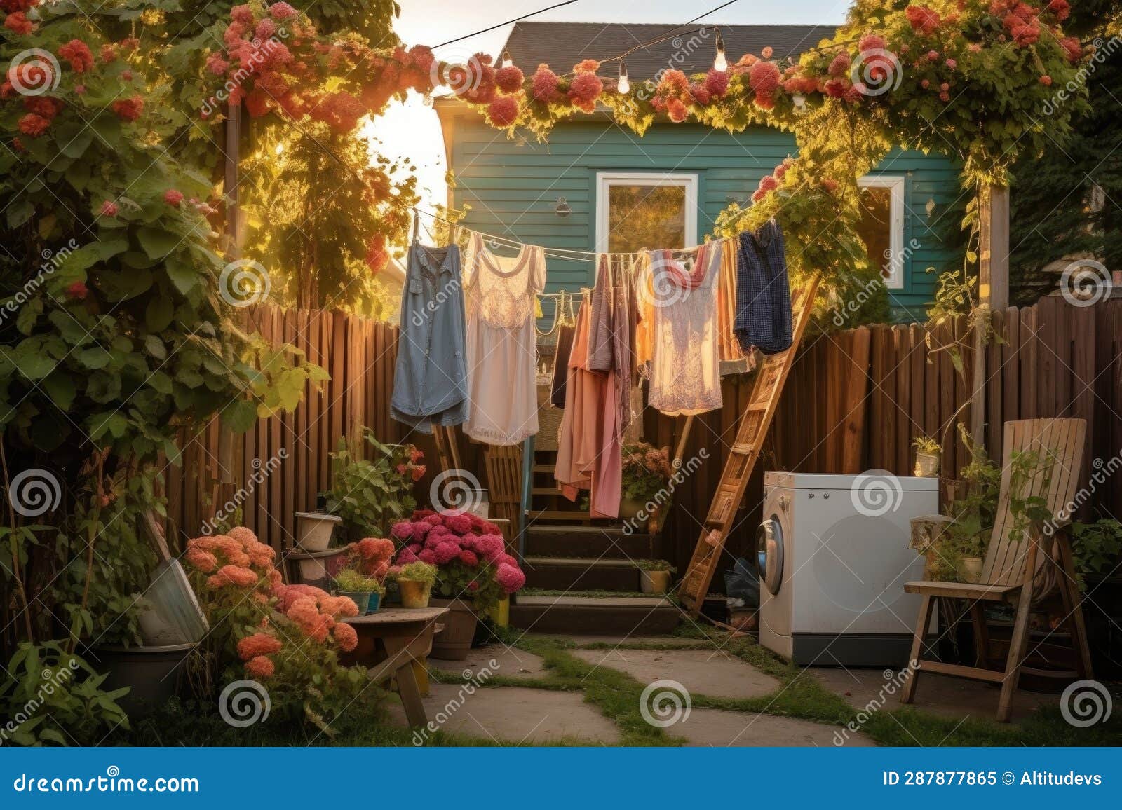 Laundry Hanging in a Cozy Backyard Garden Stock Image Image of