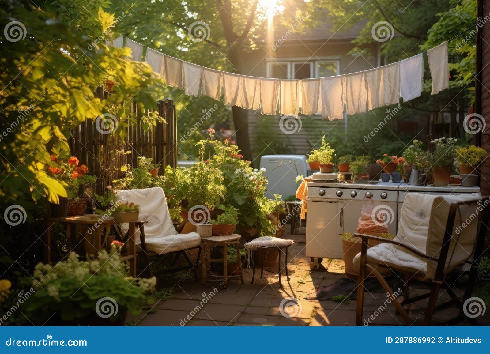 Laundry Hanging in a Cozy Backyard Garden Stock Photo Image of