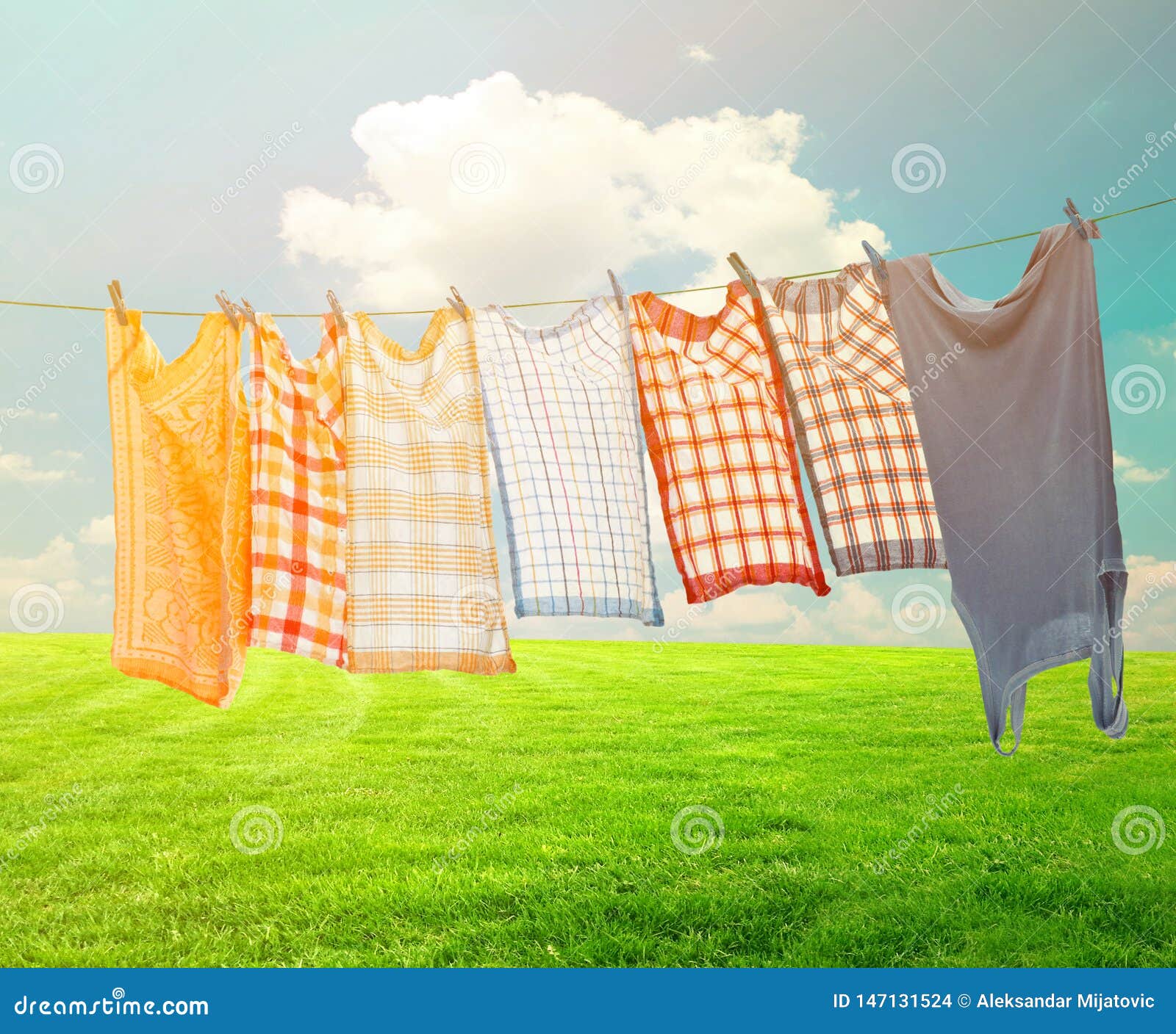 Laundry Hanging Over Vivid Landscape Stock Photo Image of color, line