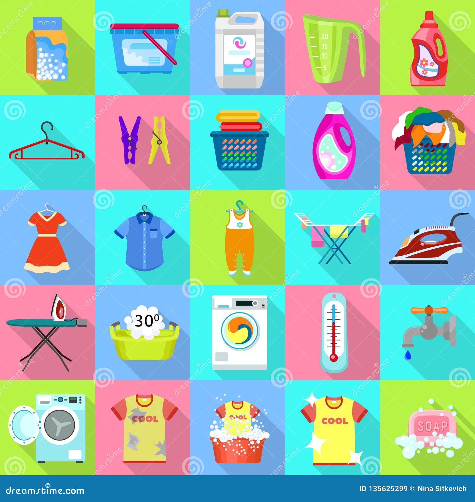 Laundry Icon Set, Flat Style Stock Vector Illustration of board, iron 135625299