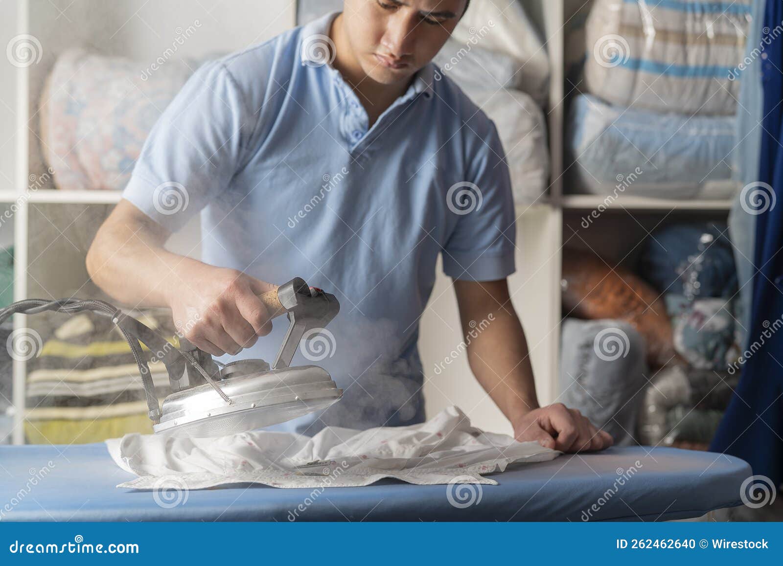 Laundry Male Worker Steam Ironing a Shirt Stock Photo Image of shirt