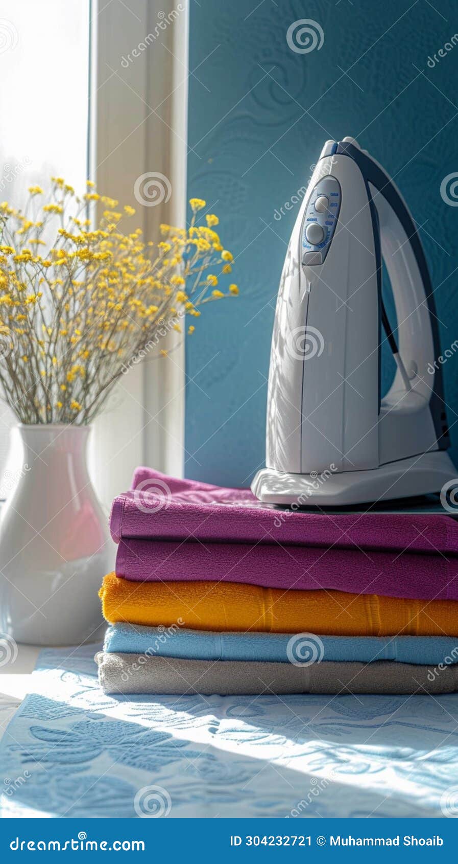 Laundry Order Clean Clothes Stack with Electric Iron on Ironing Board