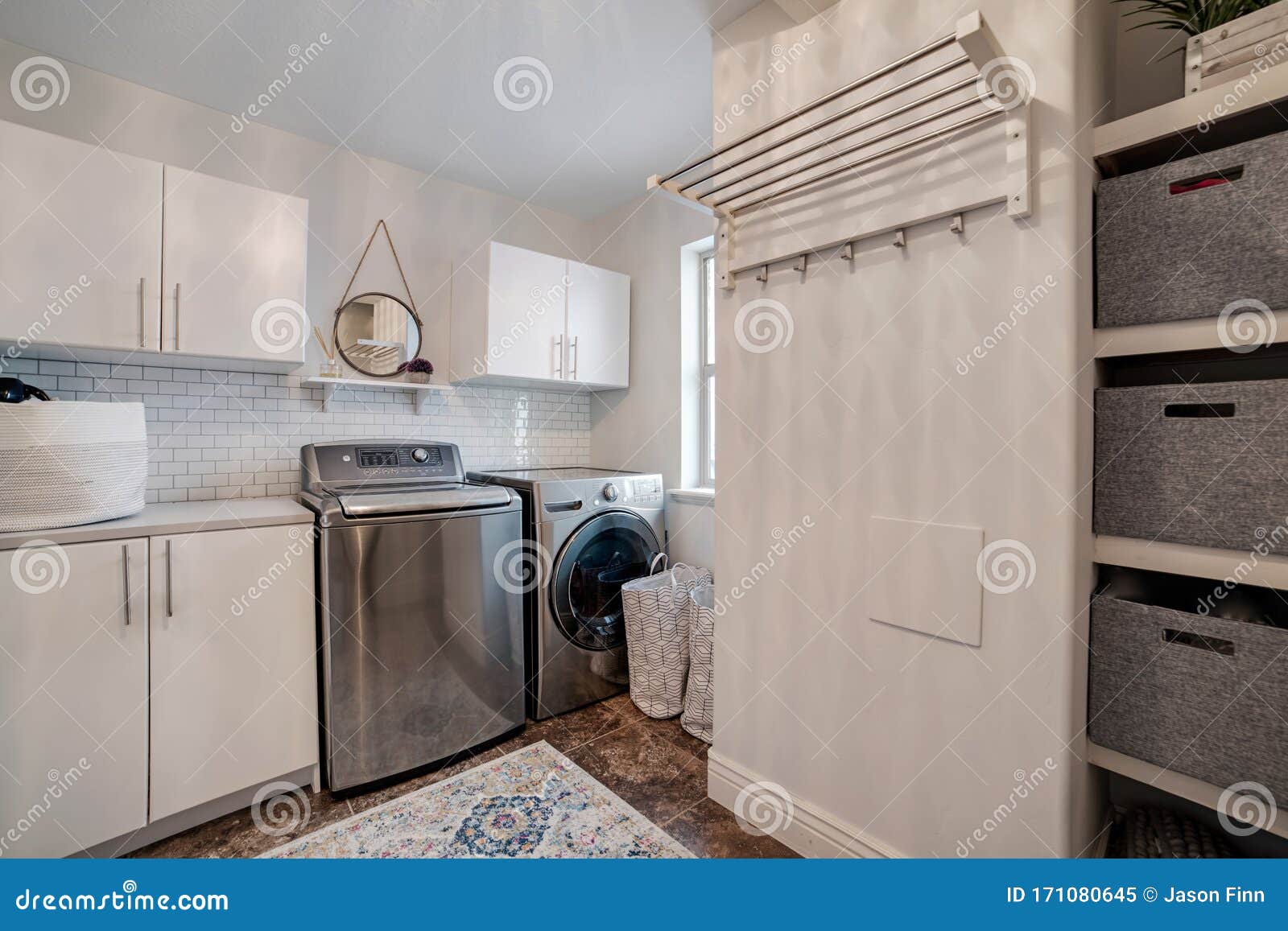 images Laundry Room Laundry Basket Cabinet https www dreamstime com laundry room interior cabinets wahing machine dryer against white wall window basket clothes rod tile floor can also be image171080645