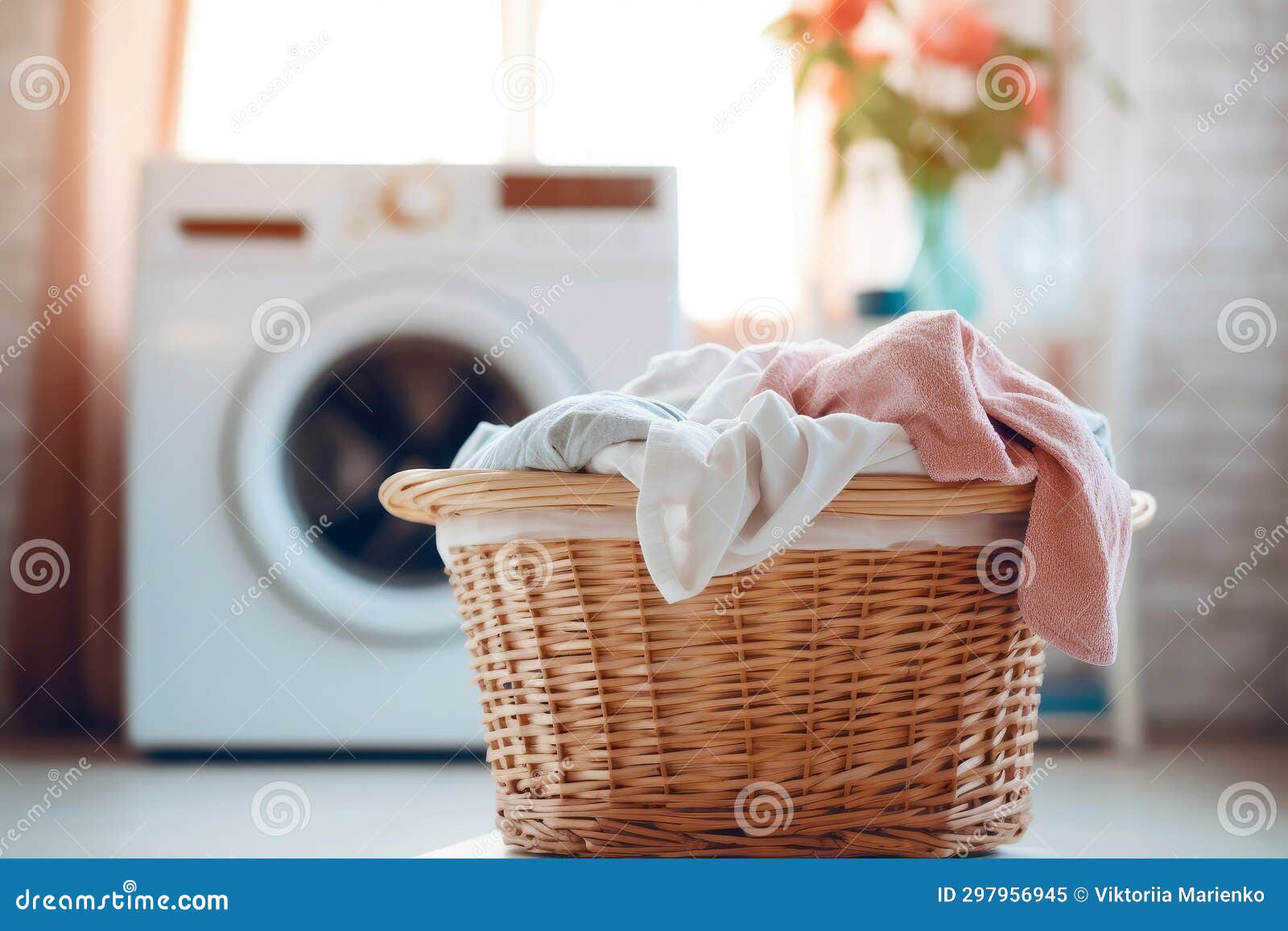 Laundry Room a Washing Machine and a Basket of Clean Clothes Stock