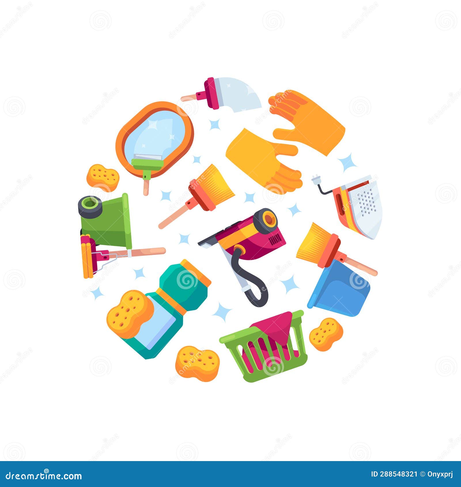 Laundry Service. Brushes Detergents Rags Vacuum Cleaner in Circle Shape