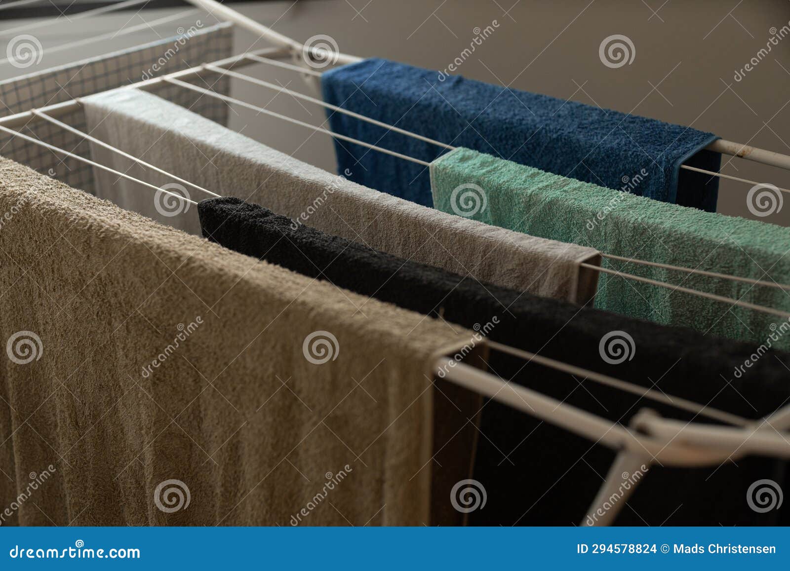 Laundry Towels Drying Hanging in Different Colors Stock Photo Image