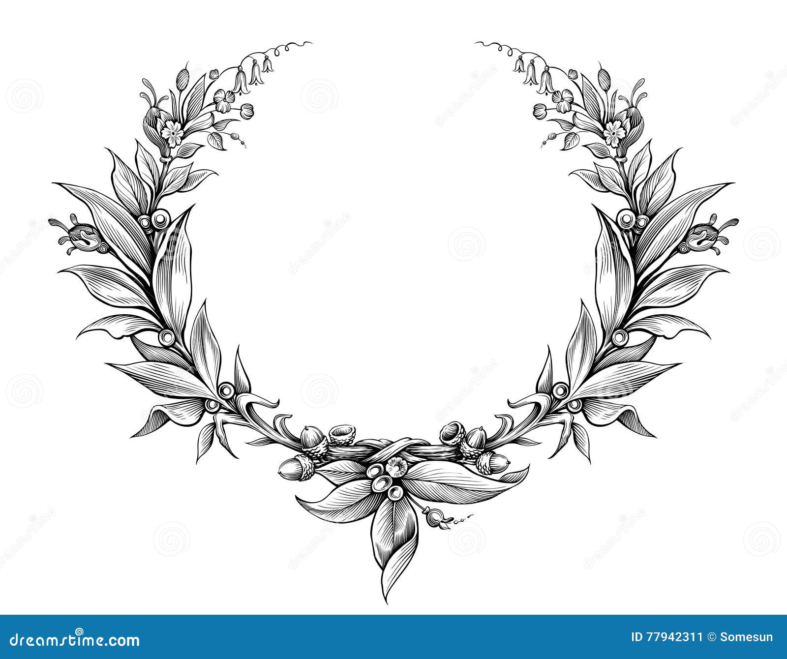 laurel wreath vintage baroque frame border monogram floral heraldic shield leaf engraved flower tattoo black and white 