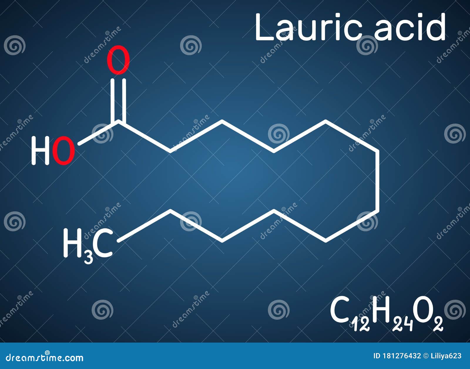 lauric acid, dodecanoic acid, c12h24o2 molecule. it is a saturated fatty acid. structural chemical formula on the dark blue