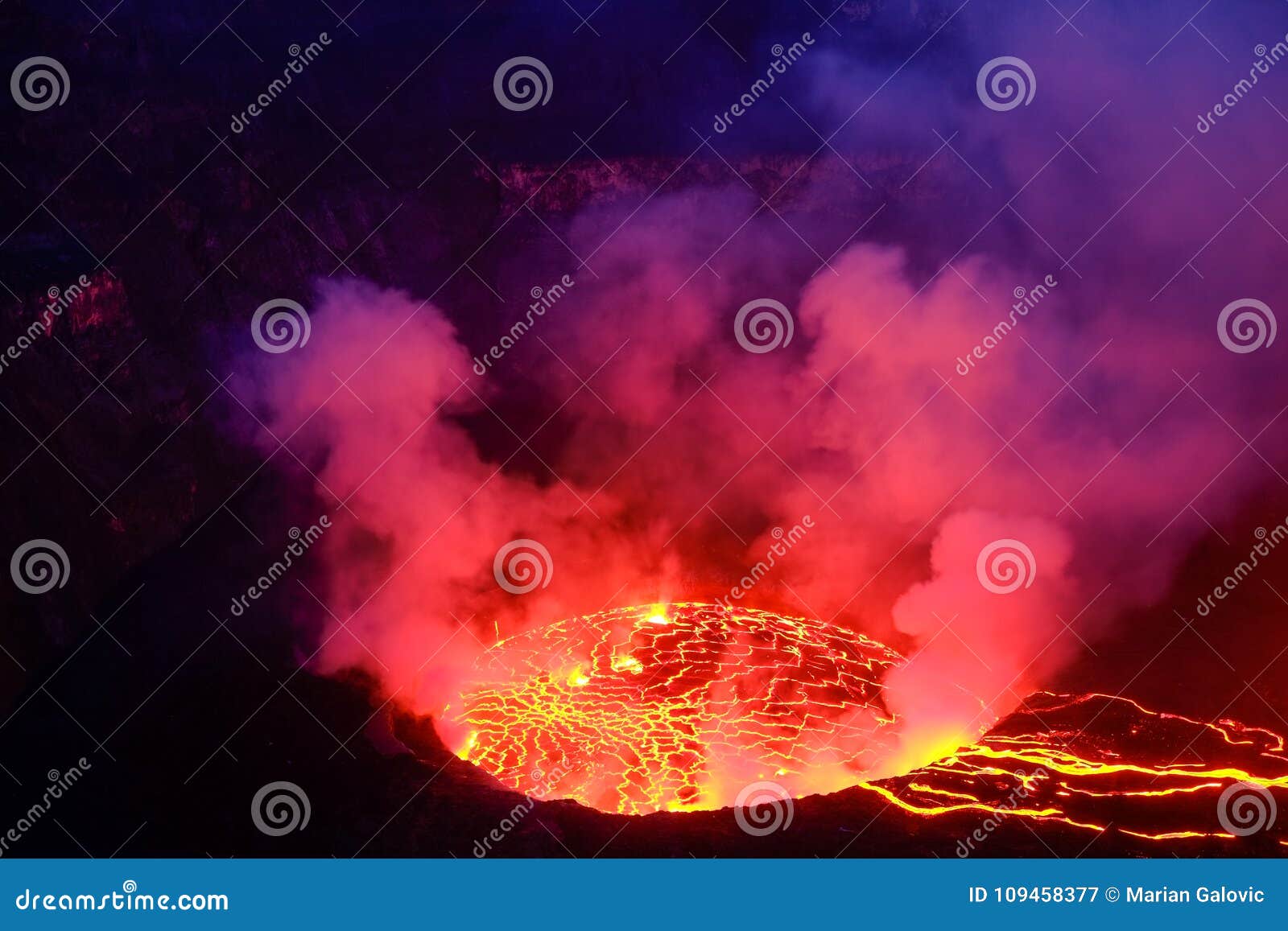 lava and steam in crater of nyiragongo volcano in virunga nation