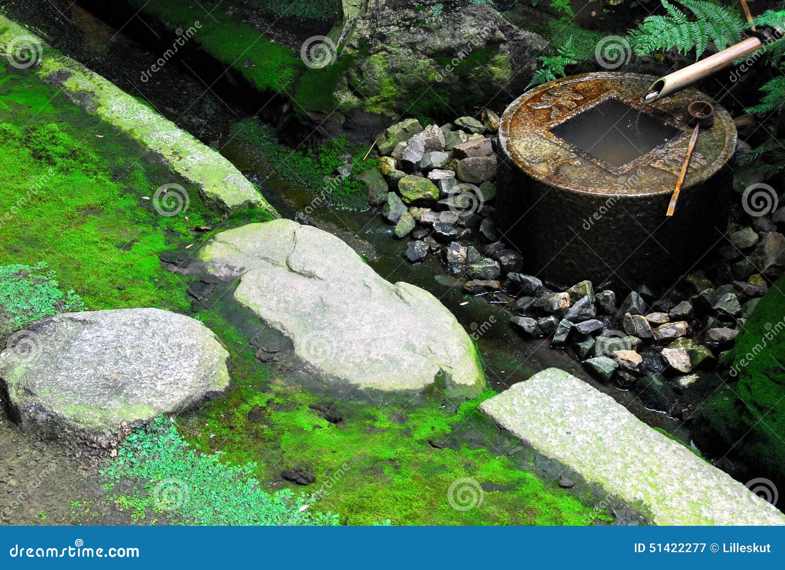 Lavabo del agua del zen. Tubo del lavabo del agua, de bambú y cucharón de piedra en el templo de Ryoanji, Kyoto, Japón