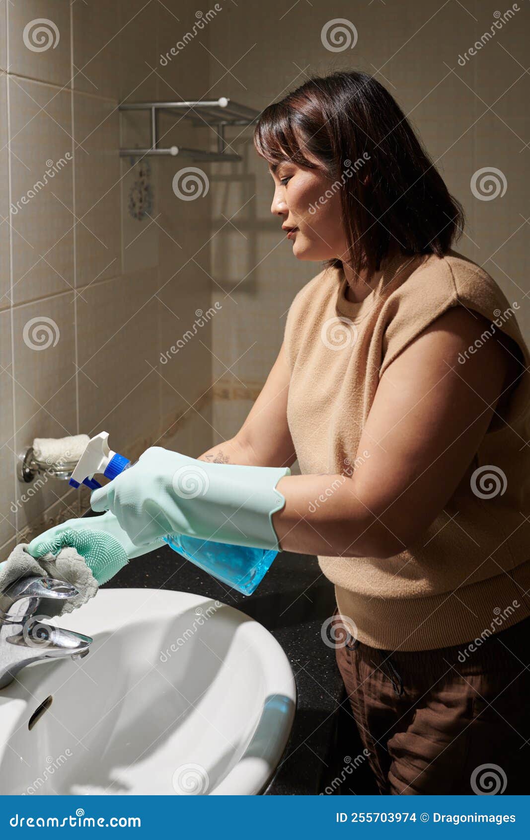 asiatique femme au foyer avec nettoyage tissu et vaporisateur