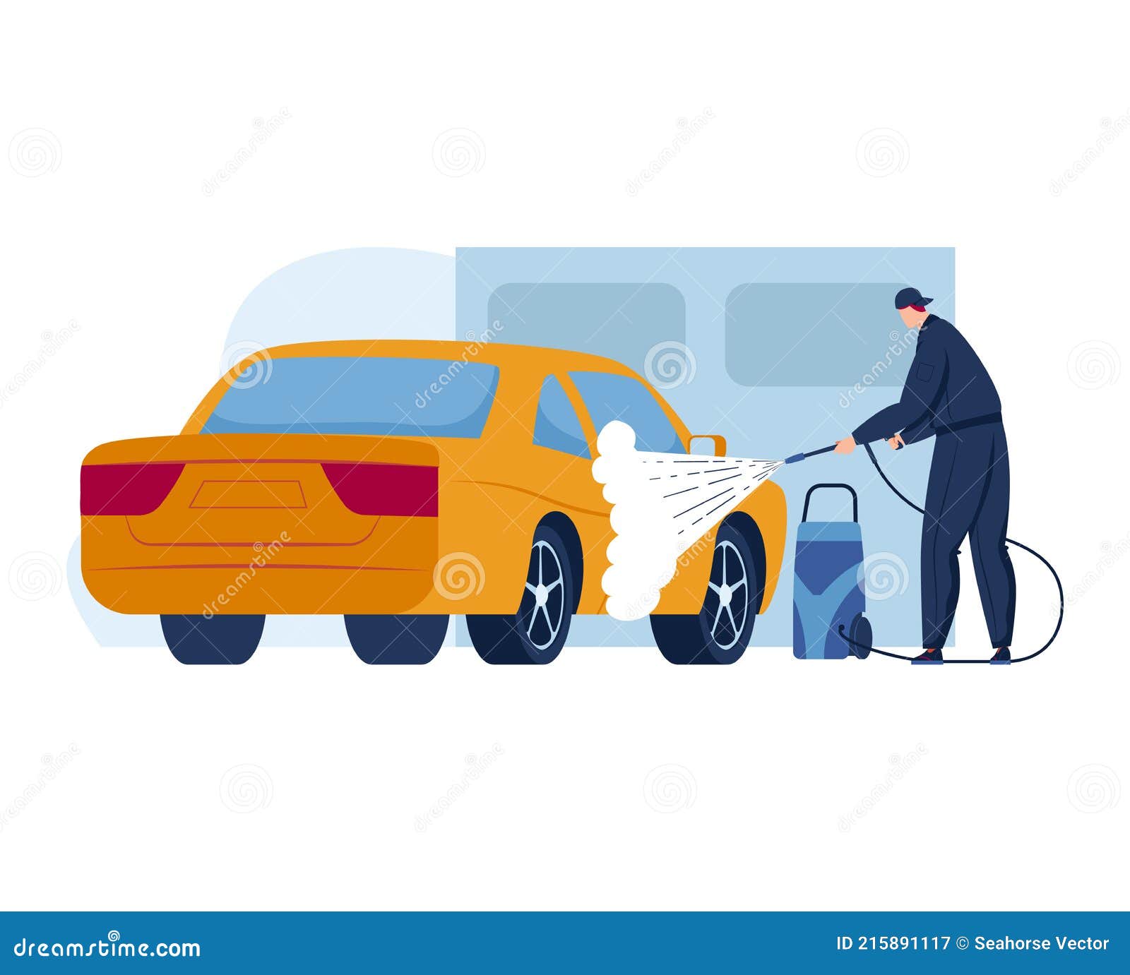 Ilustración de lavado de autos. el coche está en espuma de jabón.