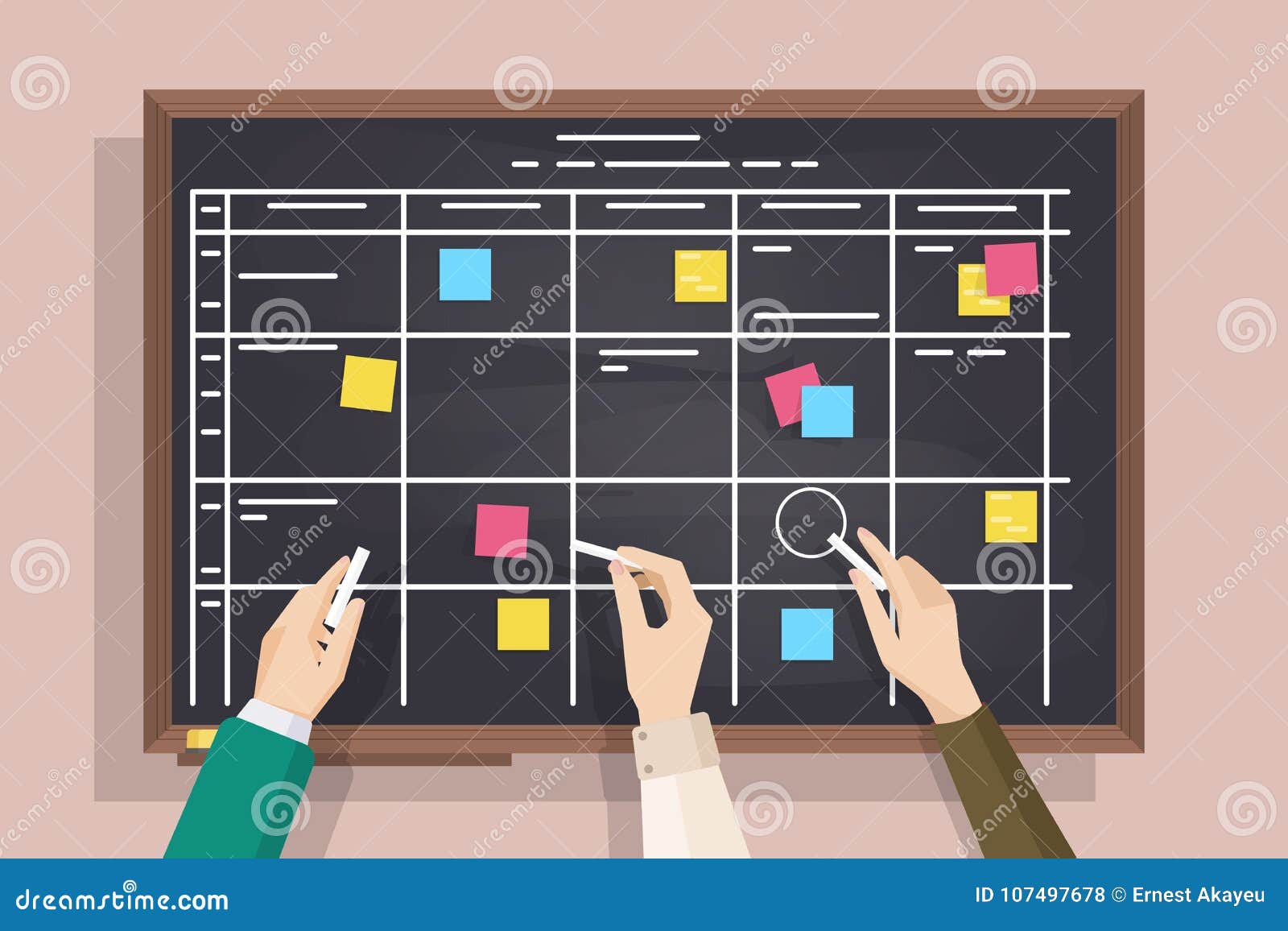 Lavagna Con La Tavola Attinta, Note Di Postit Sticked E Mani Tenenti I