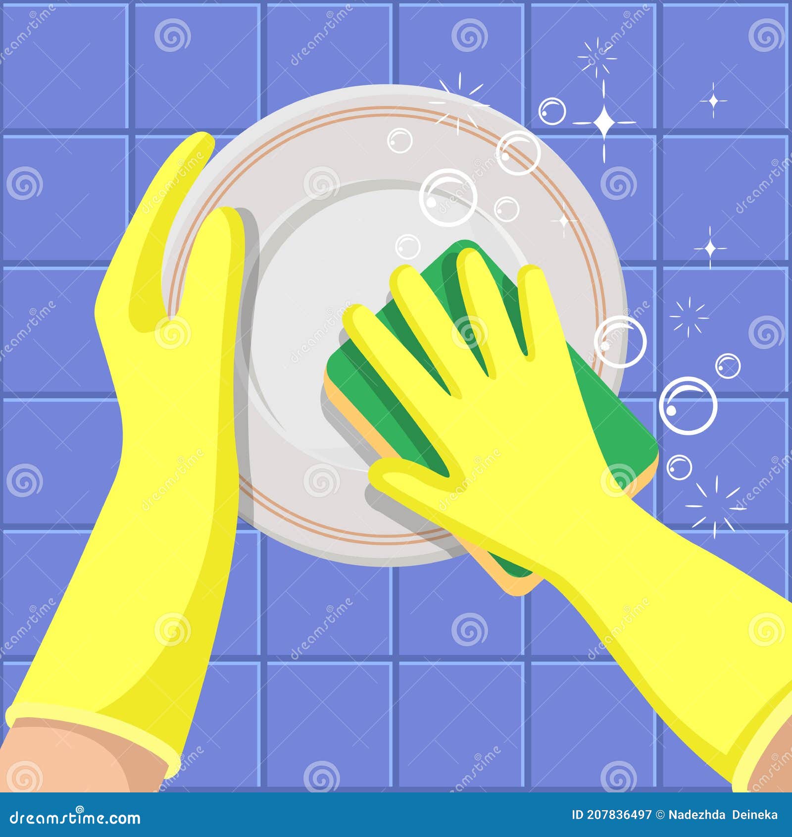 Lavar Platos. Las Manos En Los Guantes Amarillos Con La Esponja Lavan El  Plato. Ilustración del Vector - Ilustración de guantes, housework: 207836497