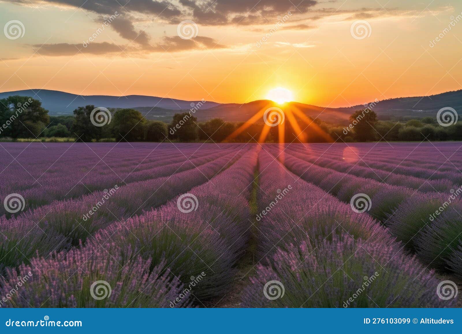 Lavender Field, with View of Rolling Hills and the Setting Sun Stock ...