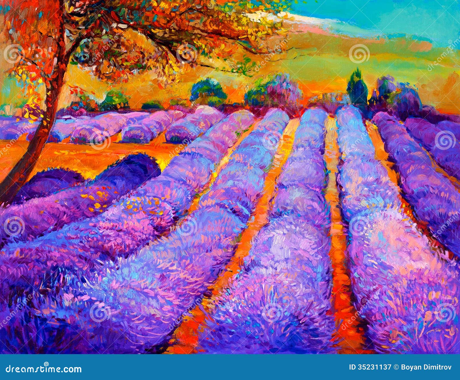 Original oil painting of lavender fields on canvas.Sunset landscape 