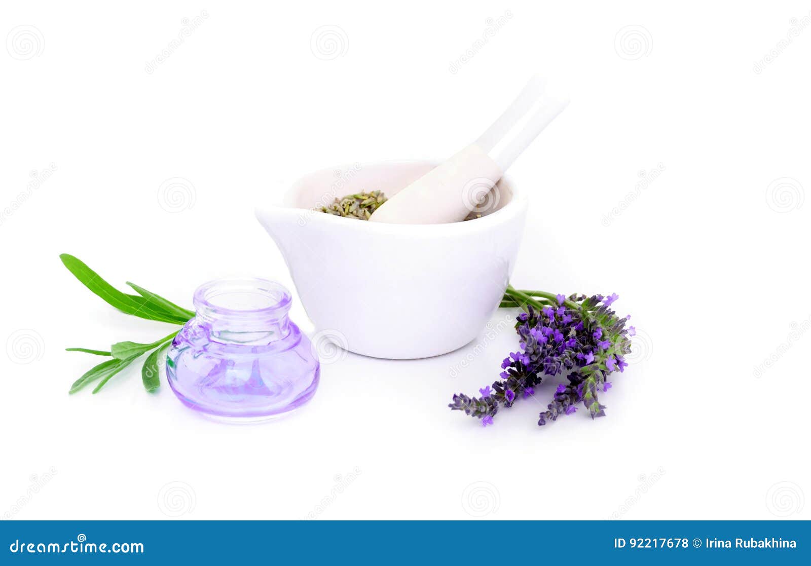 lavender flowers, lavander extract and montar with dry flowers  on white